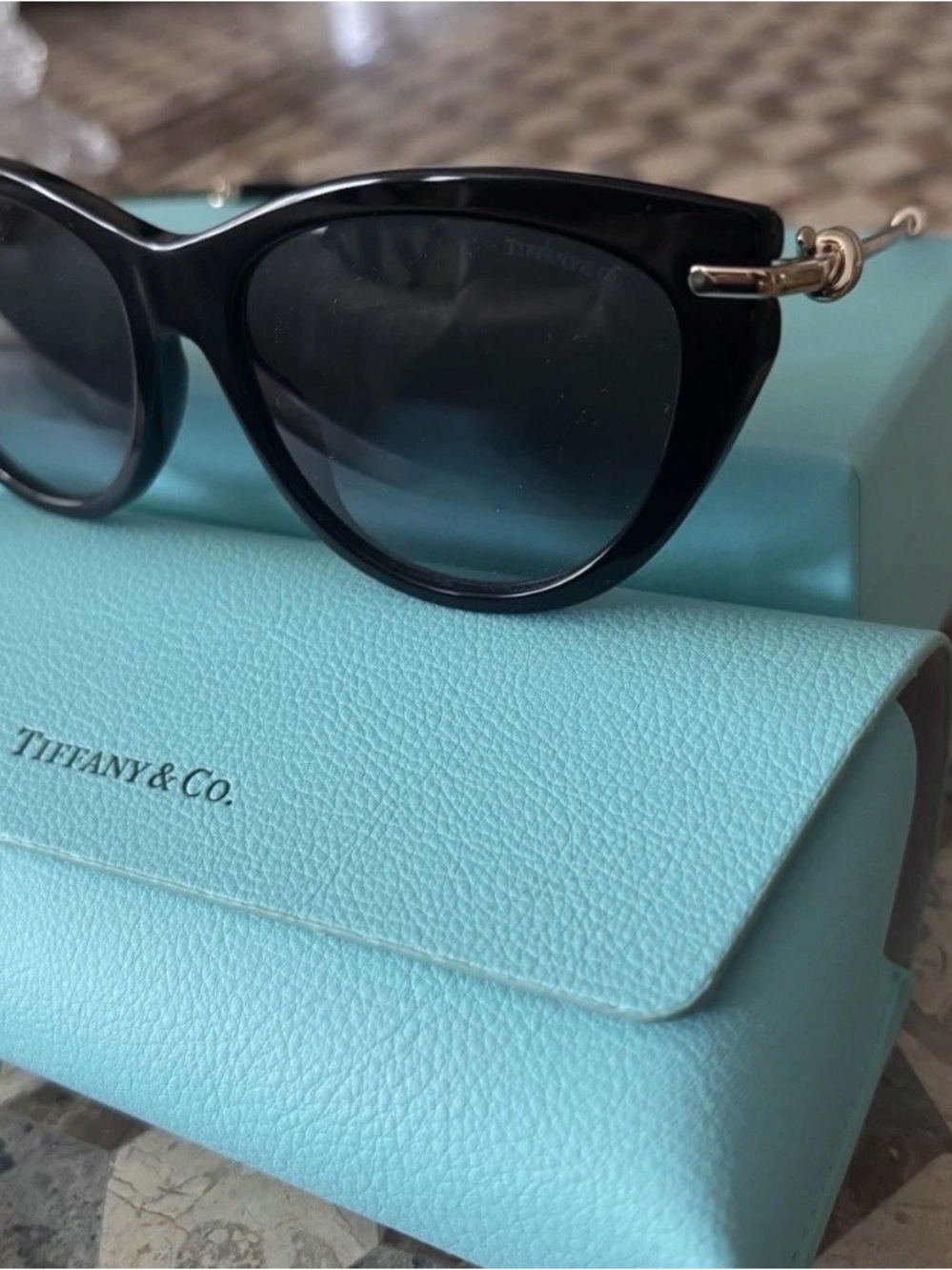 Tiffany & Co Cat Eye Sunglasses Black Frame Grey/Gold Gradient Lens with Gold